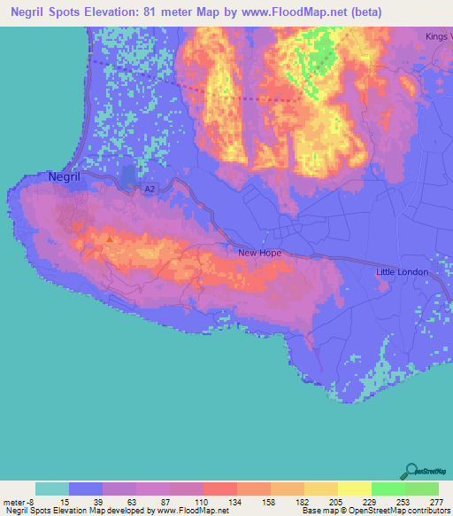 Negril Spots,Jamaica Elevation Map