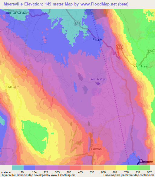 Myersville,Jamaica Elevation Map