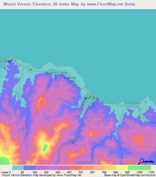 Mount Vernon,Jamaica Elevation Map