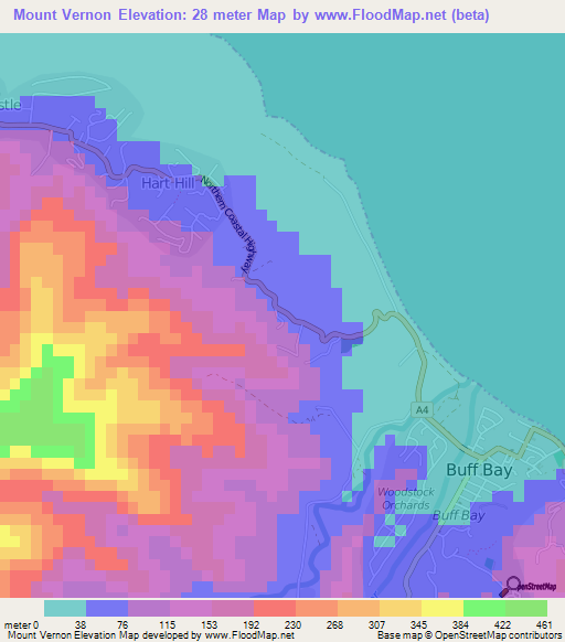 Mount Vernon,Jamaica Elevation Map