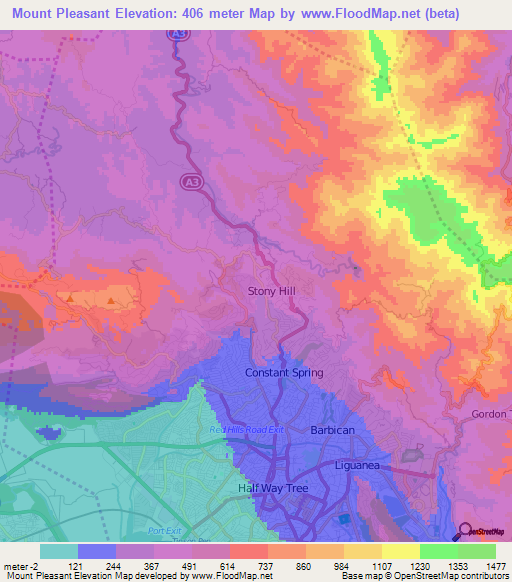 Mount Pleasant,Jamaica Elevation Map