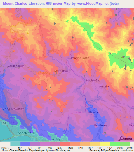 Mount Charles,Jamaica Elevation Map
