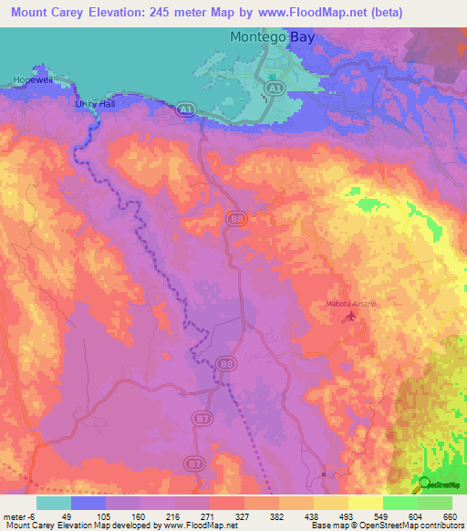 Mount Carey,Jamaica Elevation Map