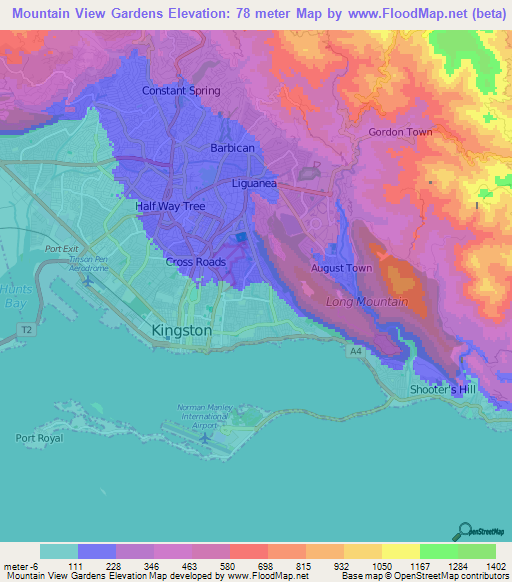 Mountain View Gardens,Jamaica Elevation Map