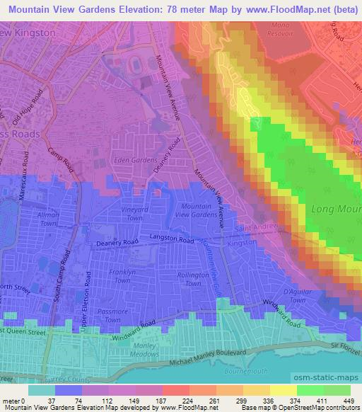 Mountain View Gardens,Jamaica Elevation Map