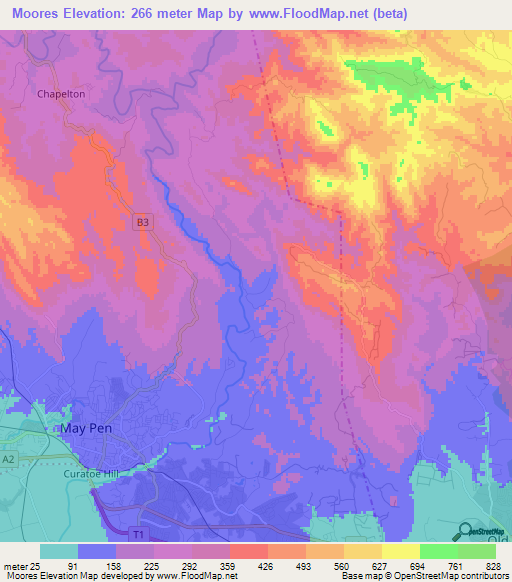 Moores,Jamaica Elevation Map