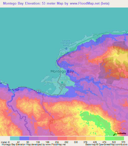 Montego Bay,Jamaica Elevation Map