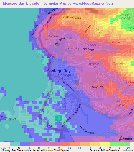 Montego Bay,Jamaica Elevation Map