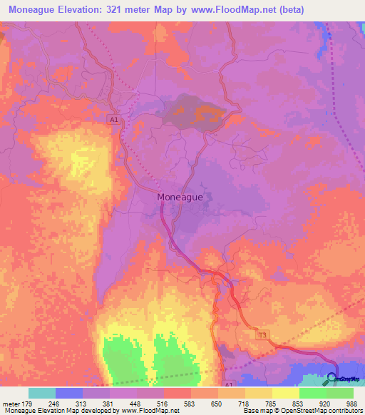 Moneague,Jamaica Elevation Map