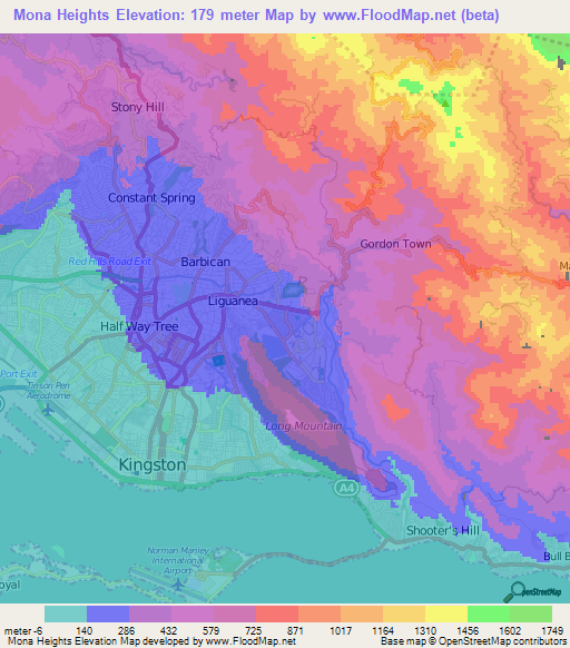 Mona Heights,Jamaica Elevation Map