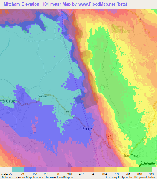 Mitcham,Jamaica Elevation Map