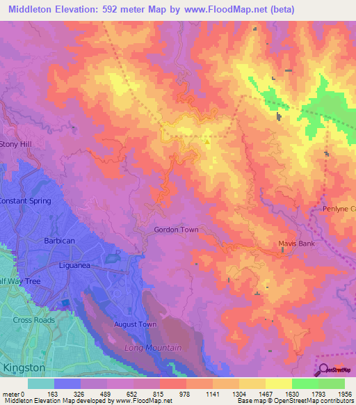 Middleton,Jamaica Elevation Map