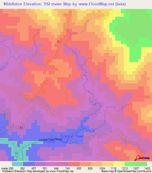 Middleton,Jamaica Elevation Map