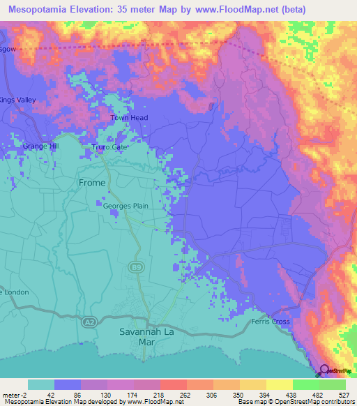 Mesopotamia,Jamaica Elevation Map