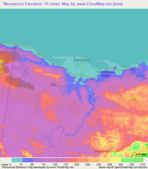 Merrywood,Jamaica Elevation Map