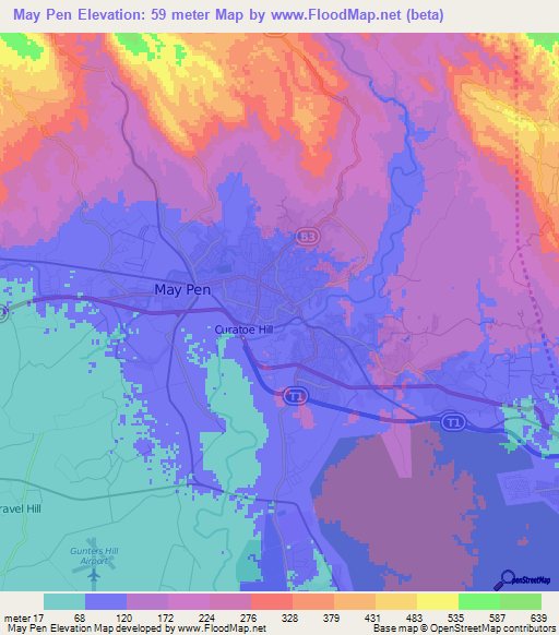 May Pen,Jamaica Elevation Map