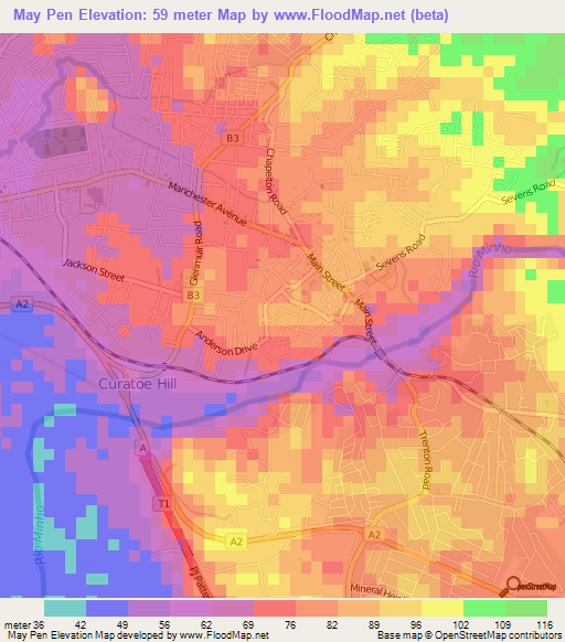 May Pen,Jamaica Elevation Map