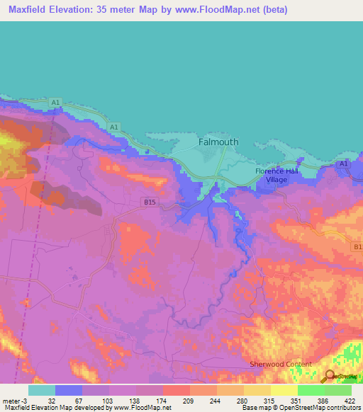 Maxfield,Jamaica Elevation Map