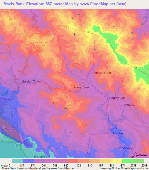 Mavis Bank,Jamaica Elevation Map