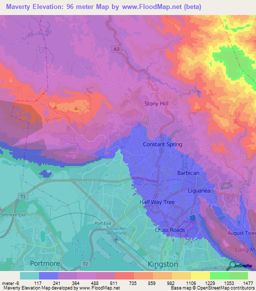 Maverty,Jamaica Elevation Map
