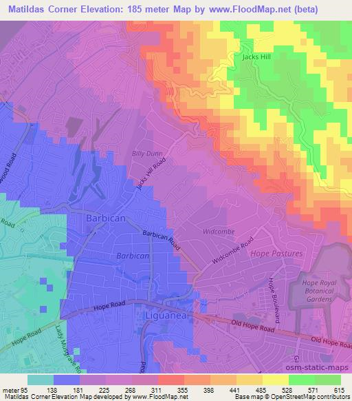 Matildas Corner,Jamaica Elevation Map