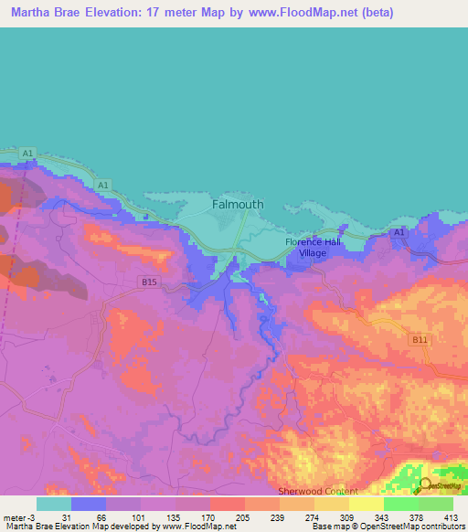 Martha Brae,Jamaica Elevation Map