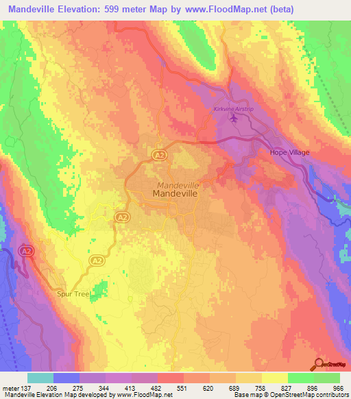 Mandeville,Jamaica Elevation Map