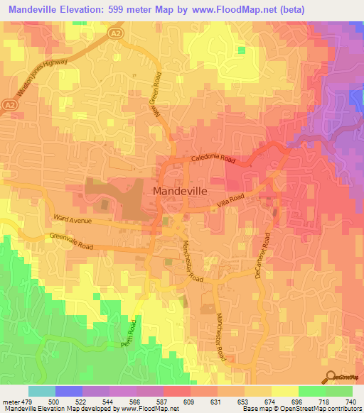 Mandeville,Jamaica Elevation Map