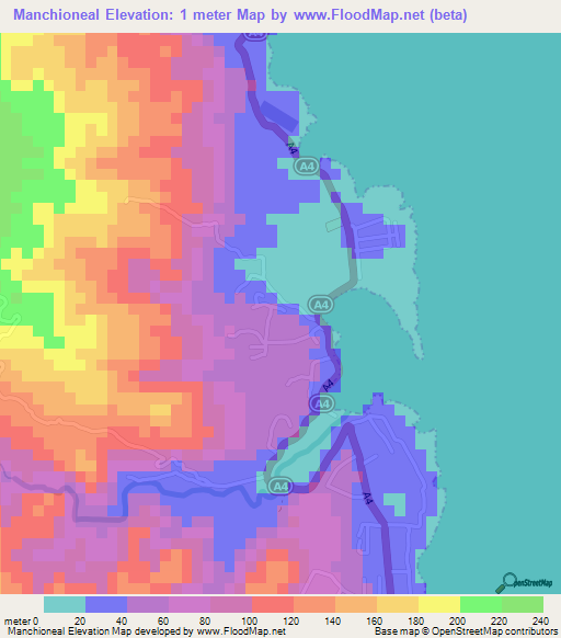 Manchioneal,Jamaica Elevation Map