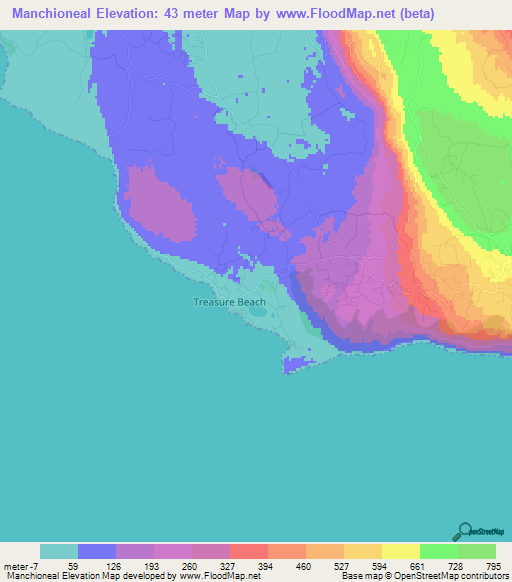 Manchioneal,Jamaica Elevation Map