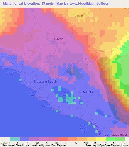 Manchioneal,Jamaica Elevation Map