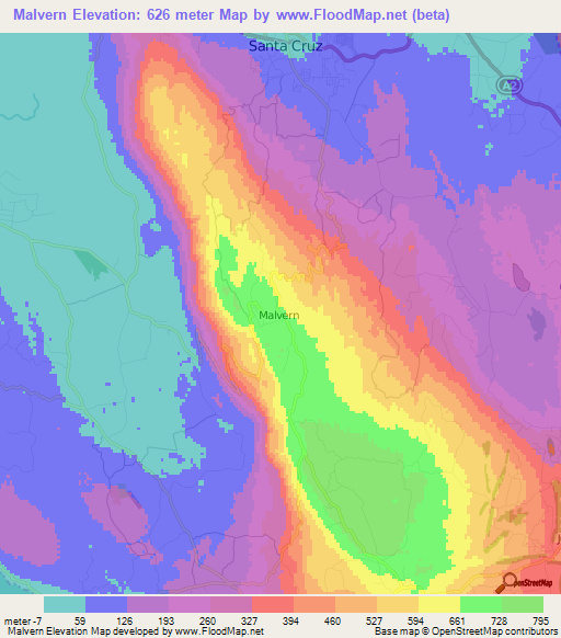 Malvern,Jamaica Elevation Map