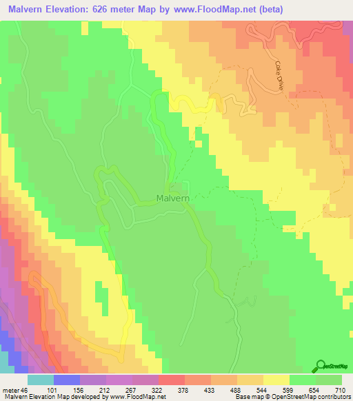 Malvern,Jamaica Elevation Map