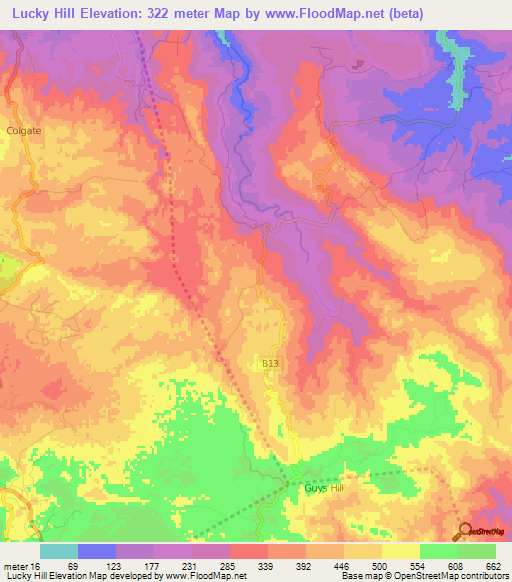 Lucky Hill,Jamaica Elevation Map