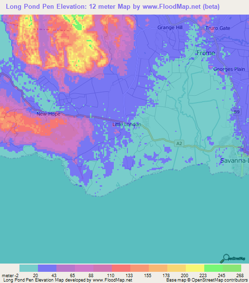 Long Pond Pen,Jamaica Elevation Map