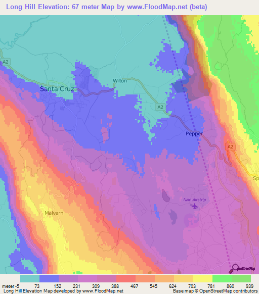 Long Hill,Jamaica Elevation Map