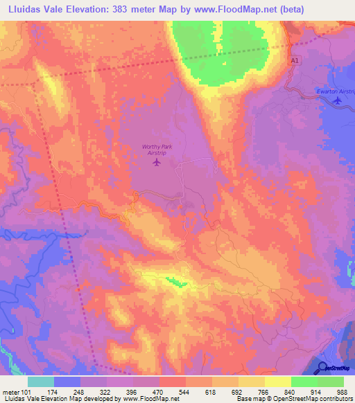 Lluidas Vale,Jamaica Elevation Map