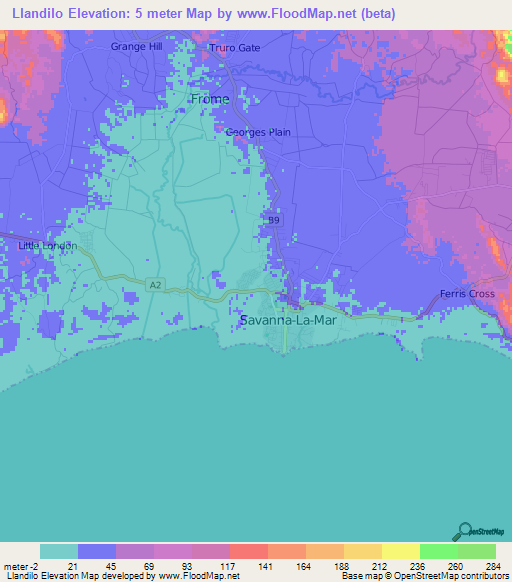 Llandilo,Jamaica Elevation Map