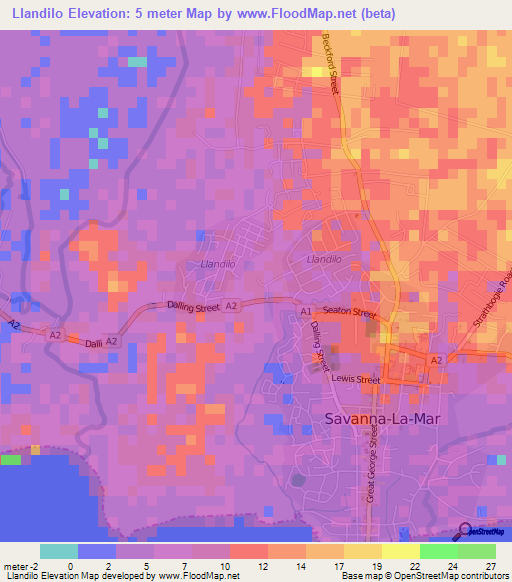 Llandilo,Jamaica Elevation Map