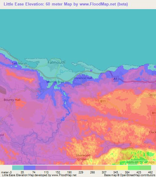 Little Ease,Jamaica Elevation Map