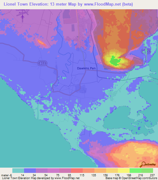 Lionel Town,Jamaica Elevation Map