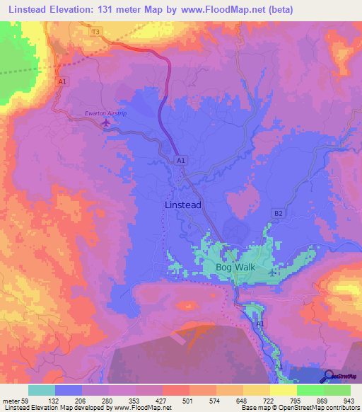 Linstead,Jamaica Elevation Map