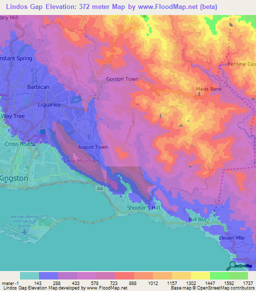 Lindos Gap,Jamaica Elevation Map