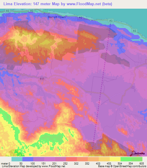 Lima,Jamaica Elevation Map