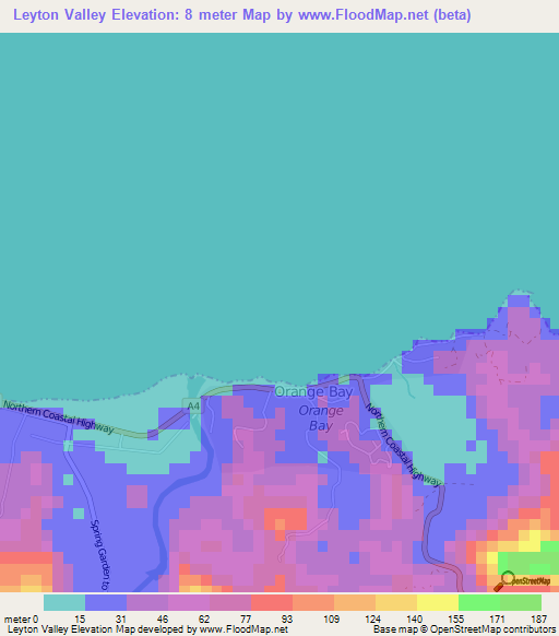 Leyton Valley,Jamaica Elevation Map