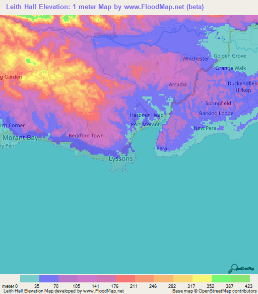 Leith Hall,Jamaica Elevation Map