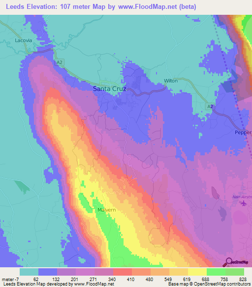 Leeds,Jamaica Elevation Map