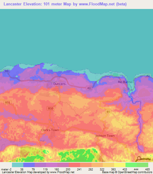 Lancaster,Jamaica Elevation Map