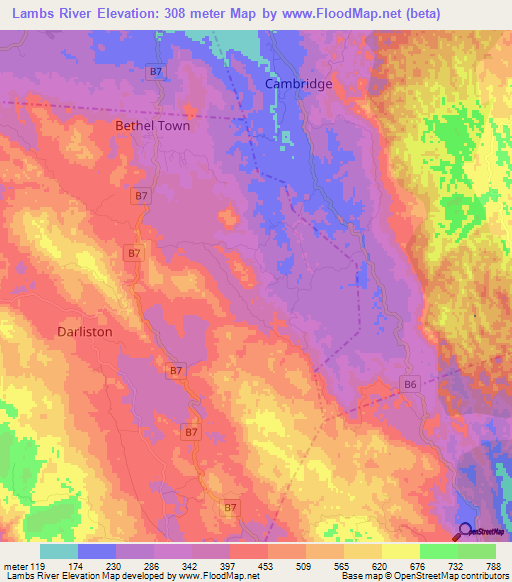 Lambs River,Jamaica Elevation Map