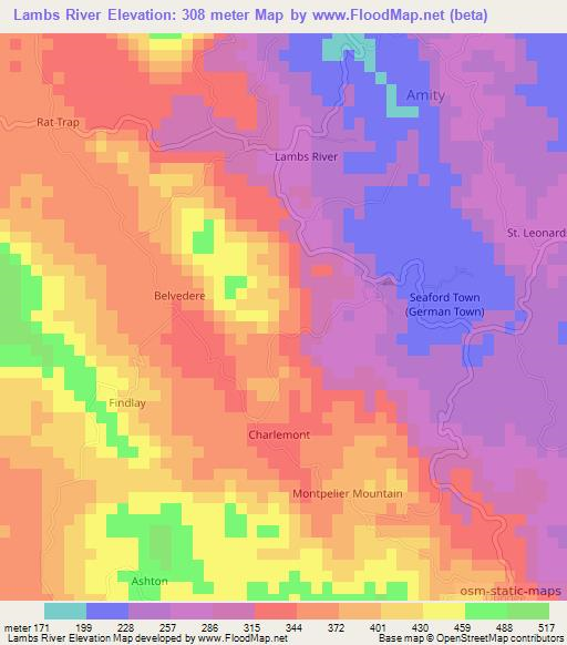 Lambs River,Jamaica Elevation Map